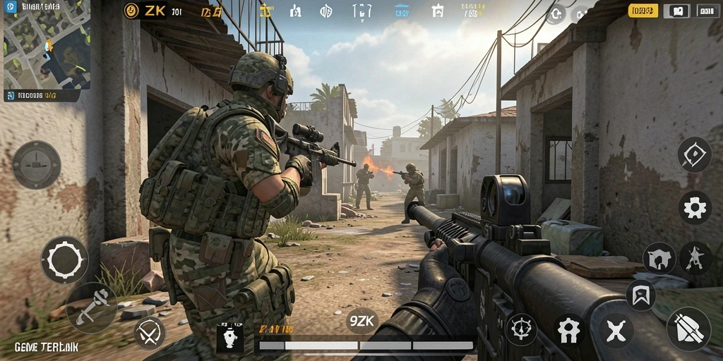 Tangkapan layar gameplay 9ZK dengan pertarungan tembak-menembak yang intens.