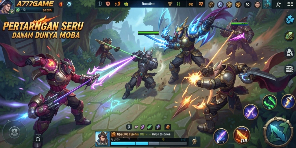 Screenshot gameplay A777GAME menampilkan aksi pertempuran seru dan strategi MOBA.