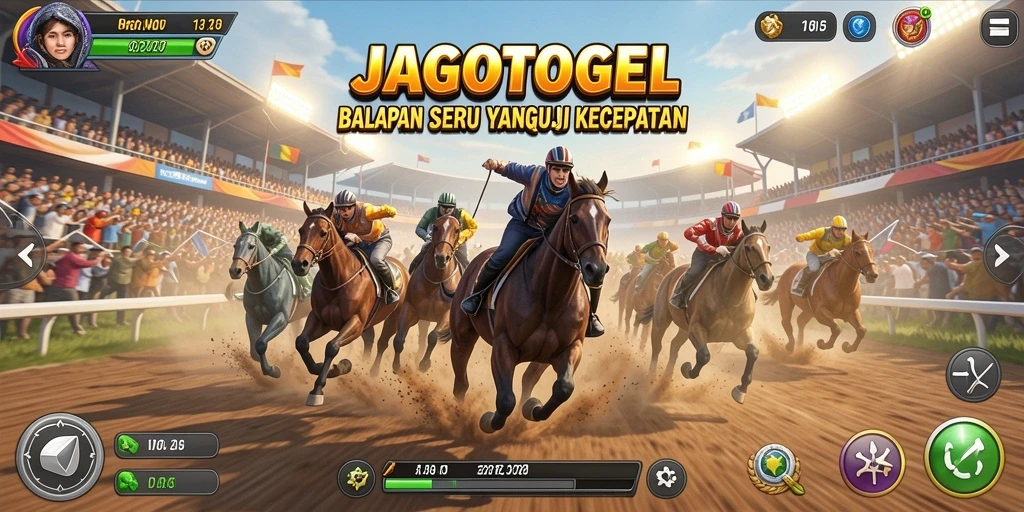 Screenshot utama menampilkan aksi balap intens di lintasan JAGOTOGEL.