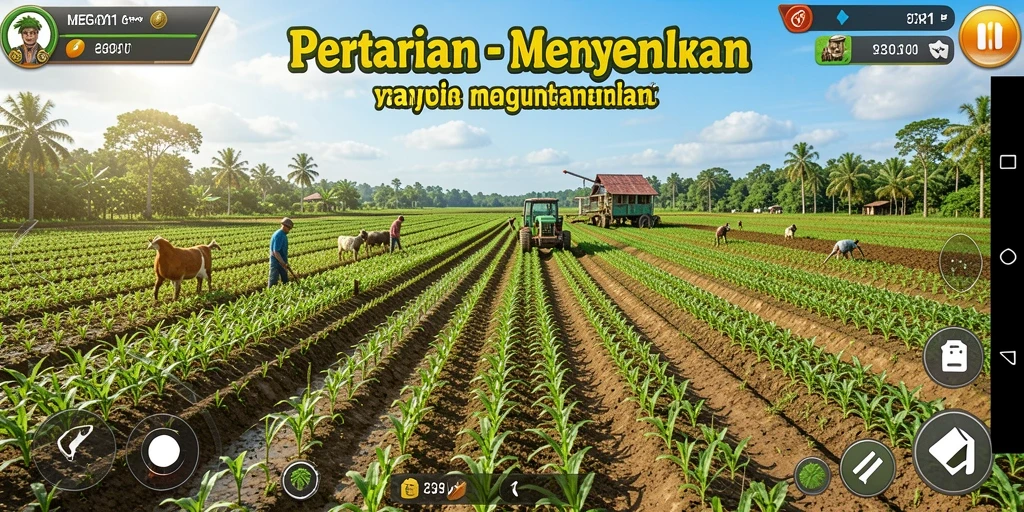Tampilan gameplay MEGA111 yang menarik dan berwarna-warni saat bertani.