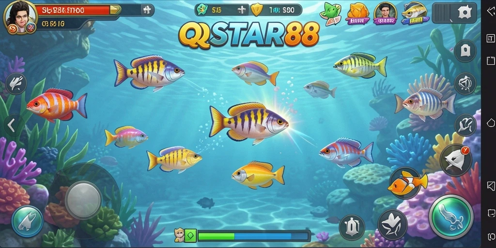 Screenshot gameplay QQSTAR88 menampilkan aksi tembak ikan yang seru.