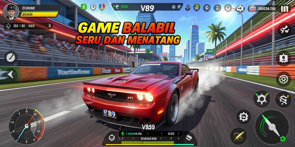 Tangkapan layar utama V89 menunjukkan aksi balapan intens.